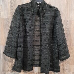 Connie Roberson Open Front Jacket XL Black Crochet Fringe Gothic Western Boho